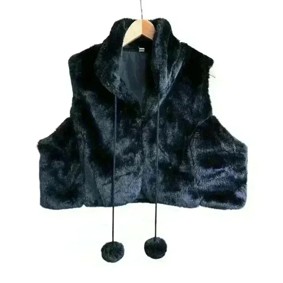 FAUX FUR BLACK VEST WITH POM POM TASSELS HOOK CLOSURE STAND UP COLLAR SIZE L - Picture 10 of 11